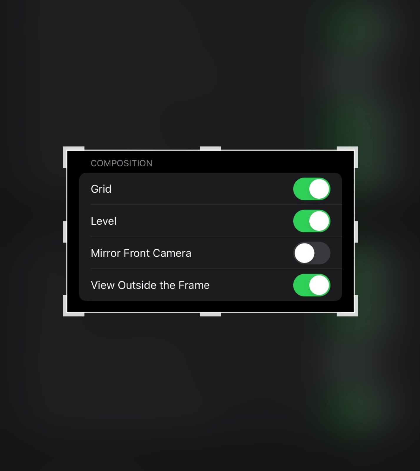 iPhone Settings, Camera, Composition screen with the Grid toggle visible